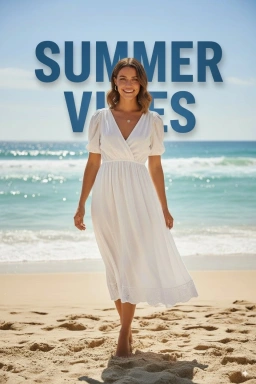 After image showing the model in a white dress placed in a bright summer beach campaign scene