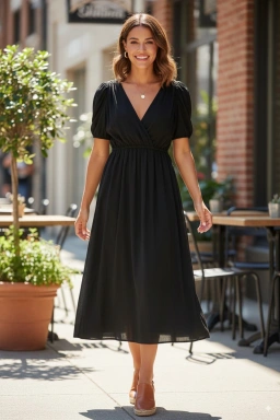 After image showing the black dress placed on a model in a lifestyle setting