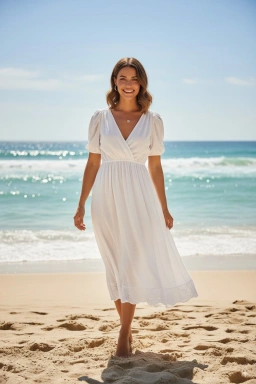 Before image showing the model in a white dress photographed on a plain studio background